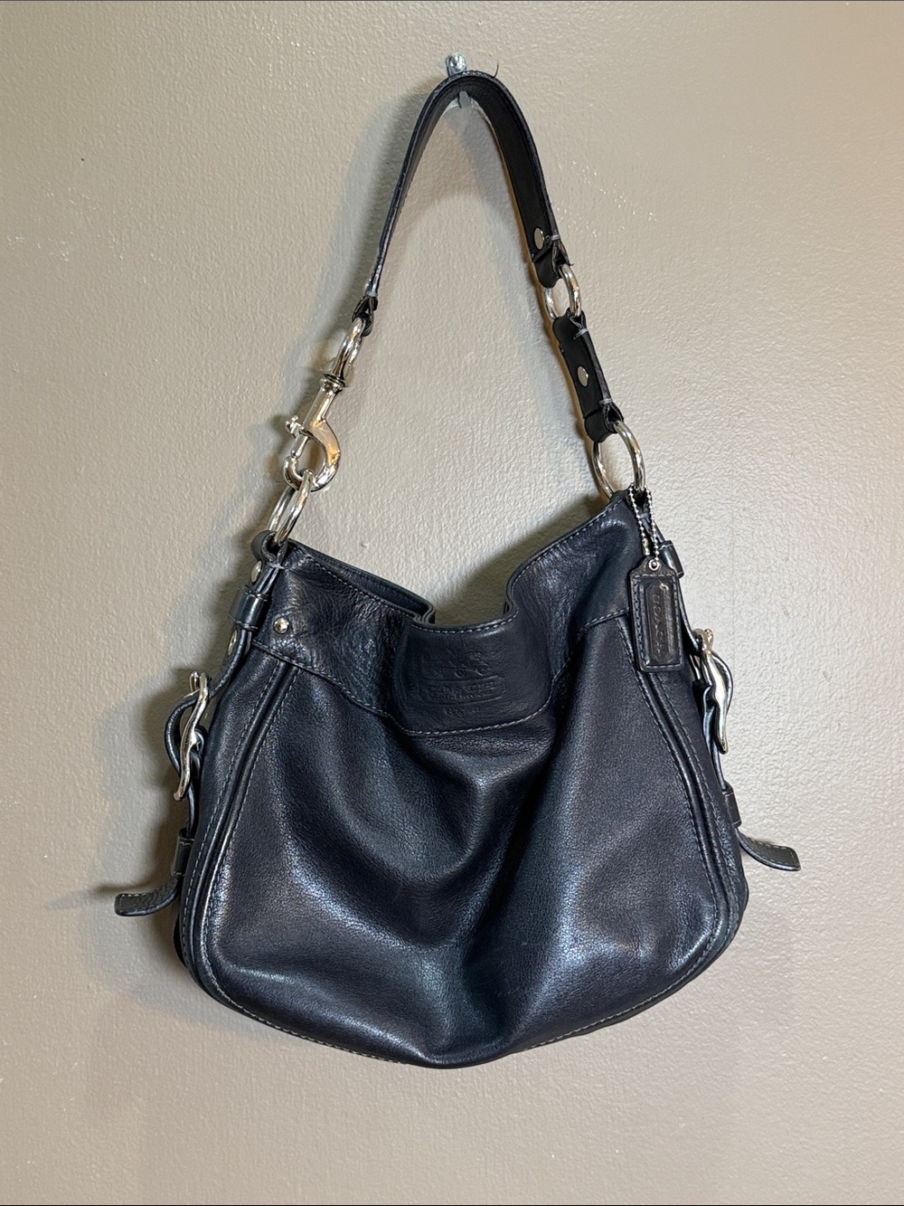 Coach Zoe Black Leather Hobo Shoulder Bag Silver Hardware Y2K F12671